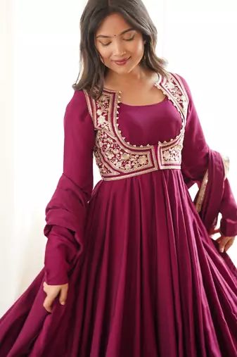 Women's elegant dark ranipink embroidered floor length anarkali gown with embroidery jacket