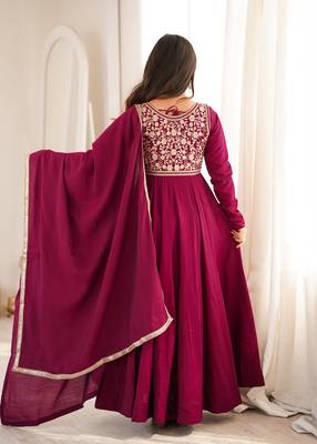 Women's elegant dark ranipink embroidered floor length anarkali gown with embroidery jacket 3