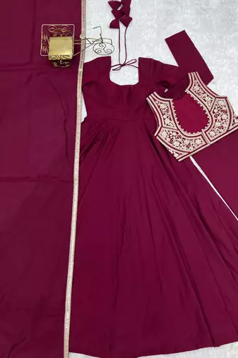 Women's elegant dark ranipink embroidered floor length anarkali gown with embroidery jacket