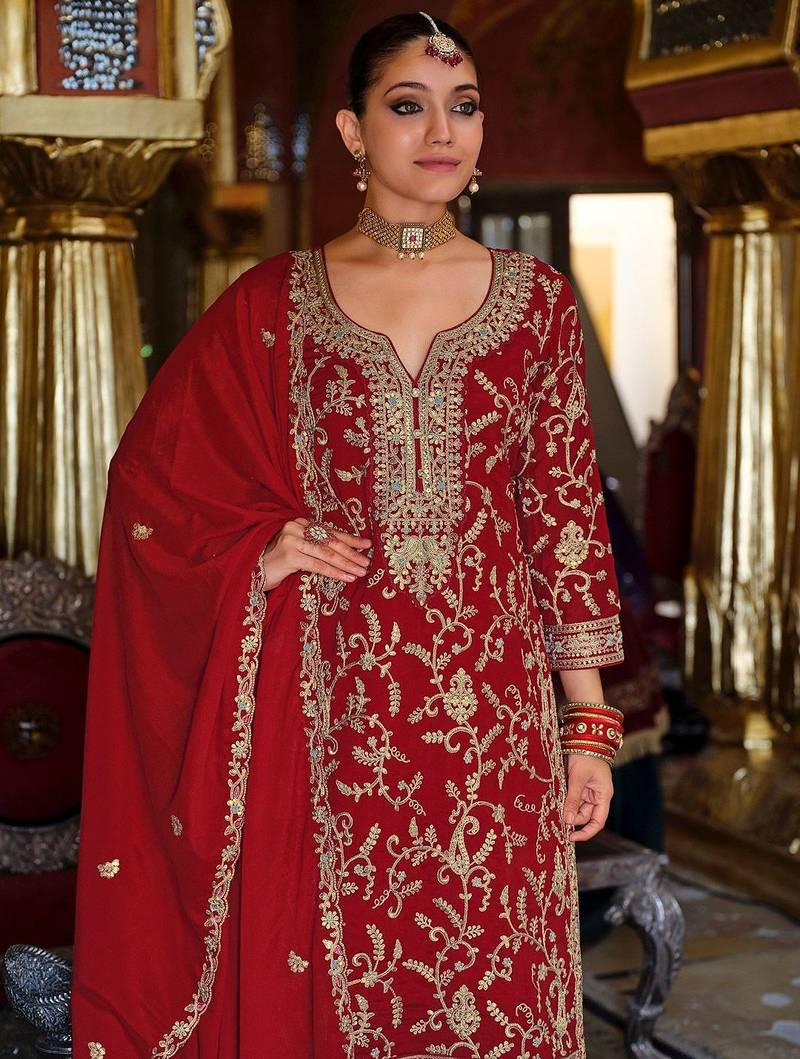 Ethnic Motifs Embroidered Sequinned Kurta with Palazzos & Dupatta