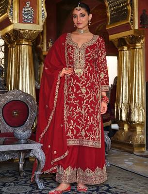 Ethnic Motifs Embroidered Sequinned Kurta with Palazzos & Dupatta 1