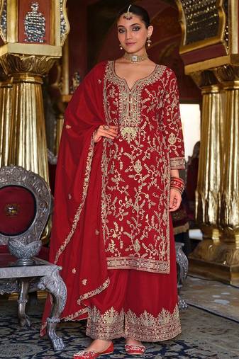 Ethnic Motifs Embroidered Sequinned Kurta with Palazzos & Dupatta