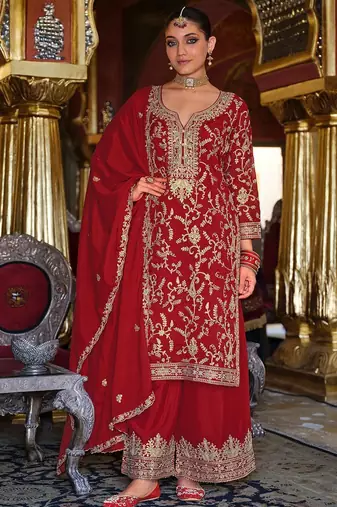 Ethnic Motifs Embroidered Sequinned Kurta with Palazzos & Dupatta
