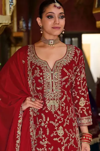 Ethnic Motifs Embroidered Sequinned Kurta with Palazzos & Dupatta
