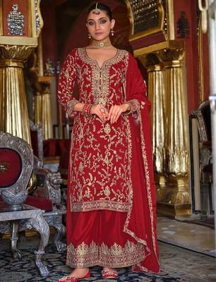 Ethnic Motifs Embroidered Sequinned Kurta with Palazzos & Dupatta 6
