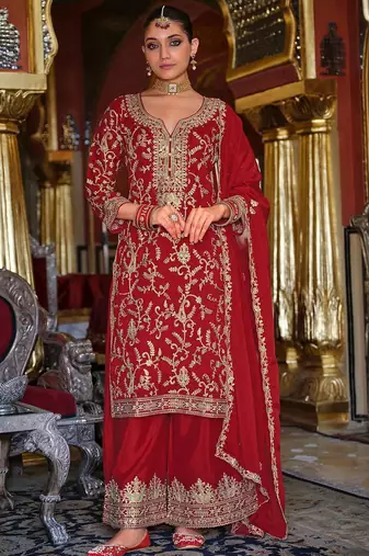 Ethnic Motifs Embroidered Sequinned Kurta with Palazzos & Dupatta