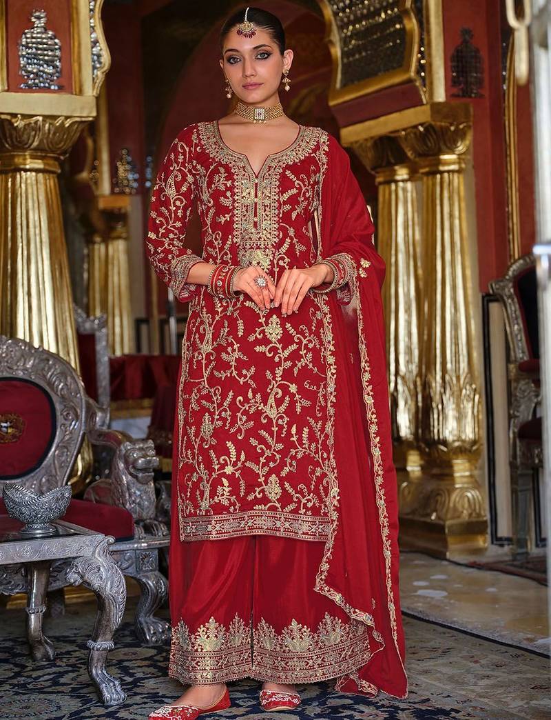 Ethnic Motifs Embroidered Sequinned Kurta with Palazzos & Dupatta
