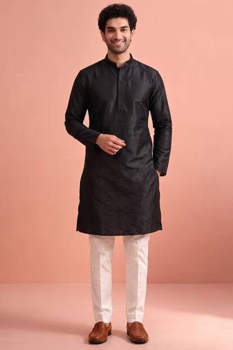 Raw silk solid kurta set for men
