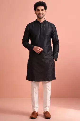 Raw silk solid kurta set for men