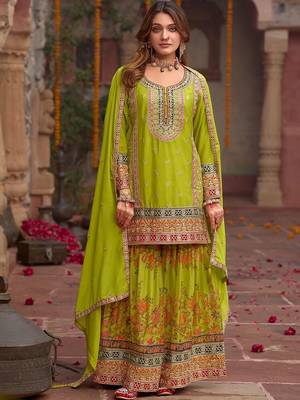 Women Ethnic Motifs Embroidered Thread Work Kurta with Sharara & With Dupatta 1