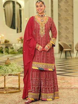 Ethnic Motifs Embroidered Straight Sequinned Kurta With Sharara & Dupatta 1