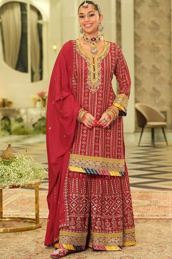 Ethnic Motifs Embroidered Straight Sequinned Kurta With Sharara & Dupatta
