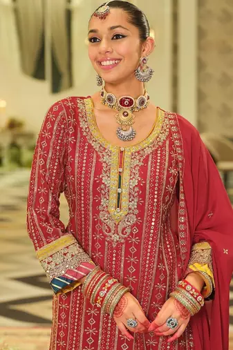 Ethnic Motifs Embroidered Straight Sequinned Kurta With Sharara & Dupatta