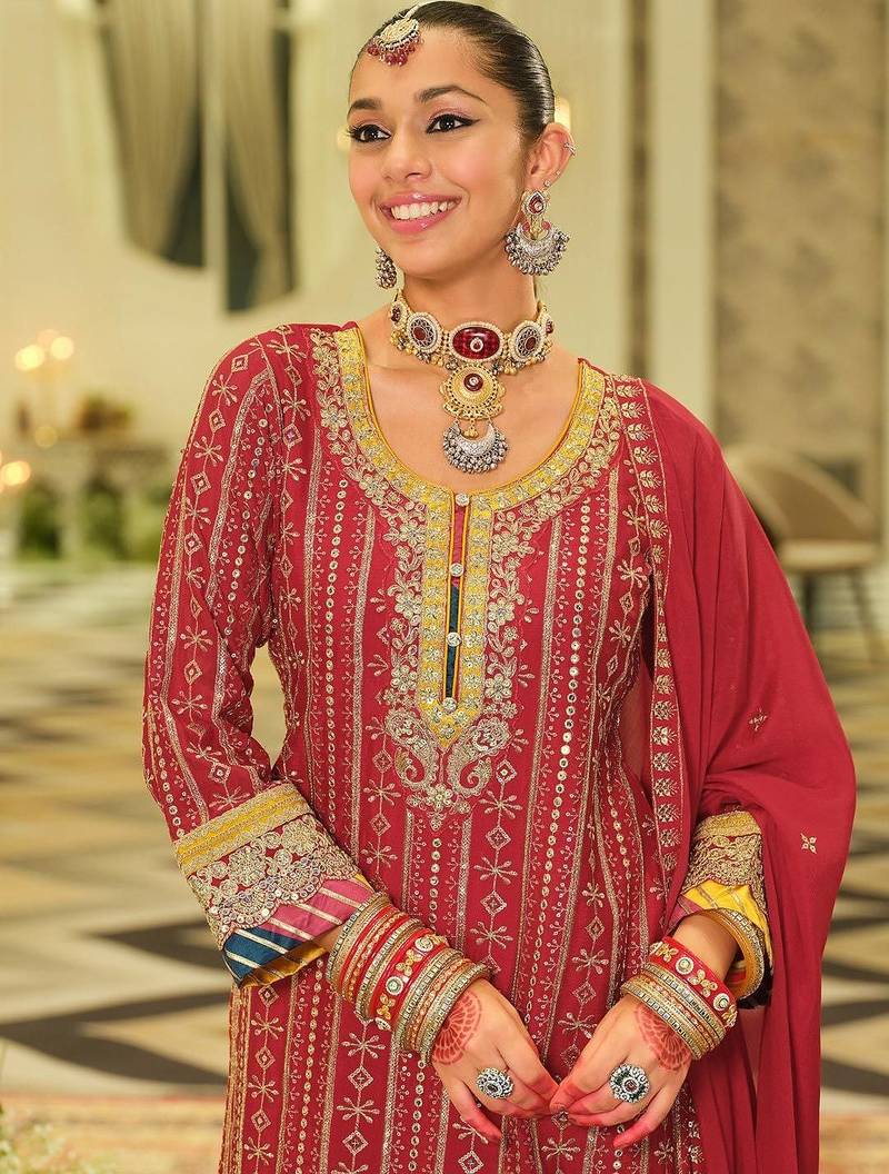 Ethnic Motifs Embroidered Straight Sequinned Kurta With Sharara & Dupatta