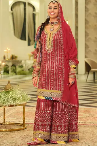 Ethnic Motifs Embroidered Straight Sequinned Kurta With Sharara & Dupatta