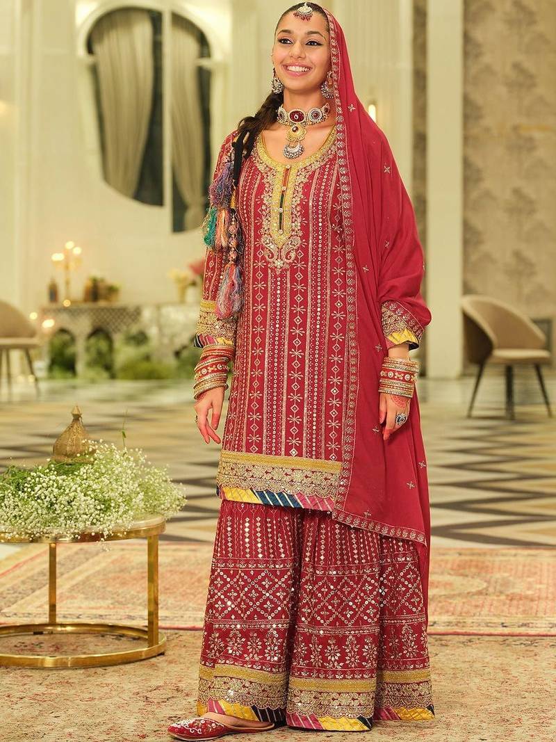 Ethnic Motifs Embroidered Straight Sequinned Kurta With Sharara & Dupatta