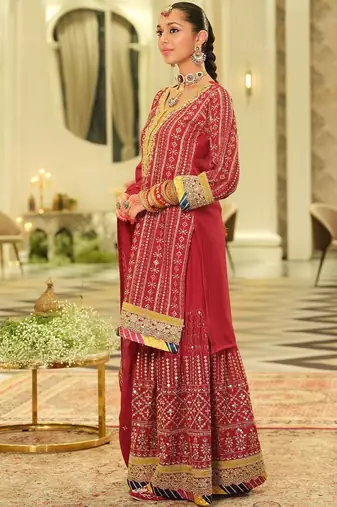 Ethnic Motifs Embroidered Straight Sequinned Kurta With Sharara & Dupatta