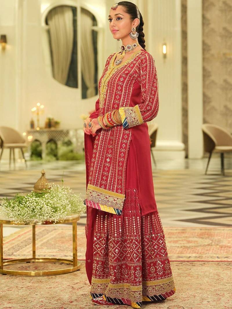 Ethnic Motifs Embroidered Straight Sequinned Kurta With Sharara & Dupatta