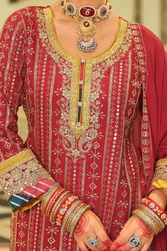 Ethnic Motifs Embroidered Straight Sequinned Kurta With Sharara & Dupatta