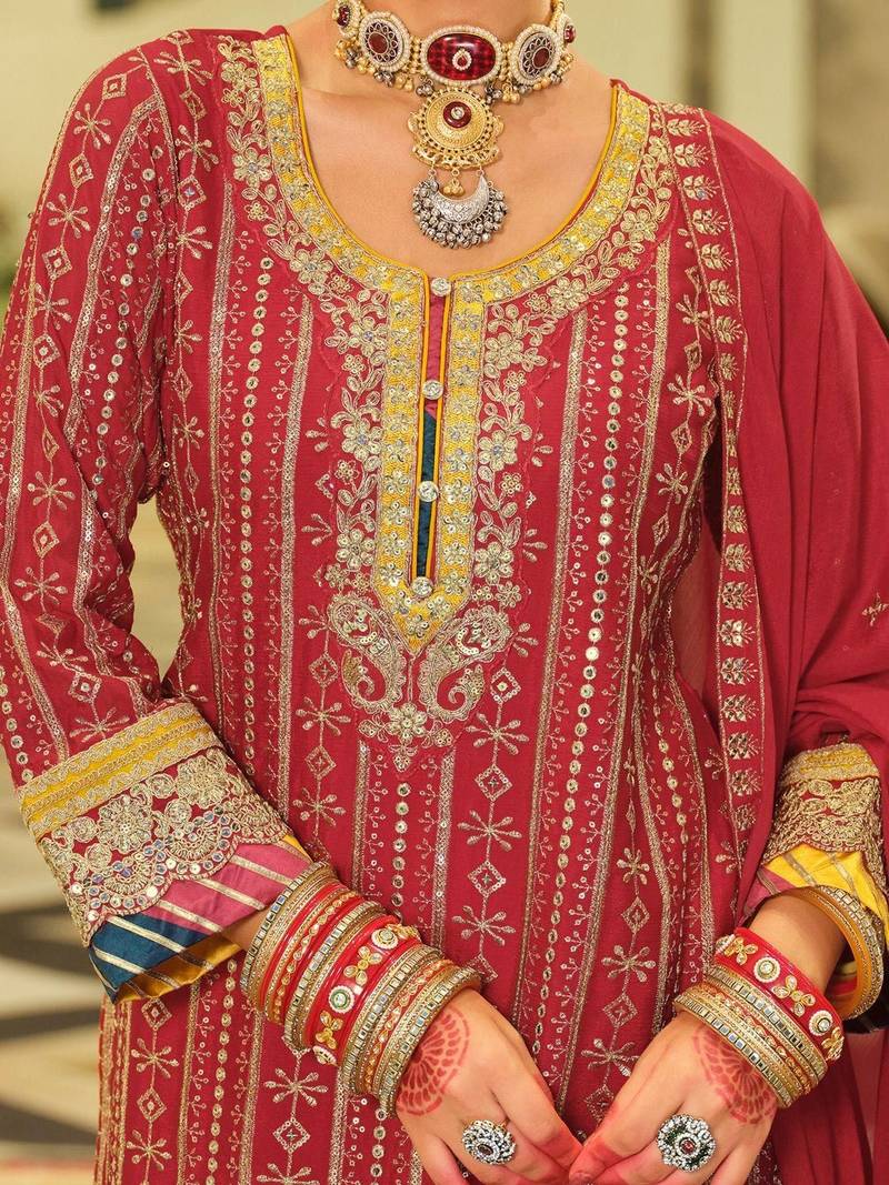 Ethnic Motifs Embroidered Straight Sequinned Kurta With Sharara & Dupatta