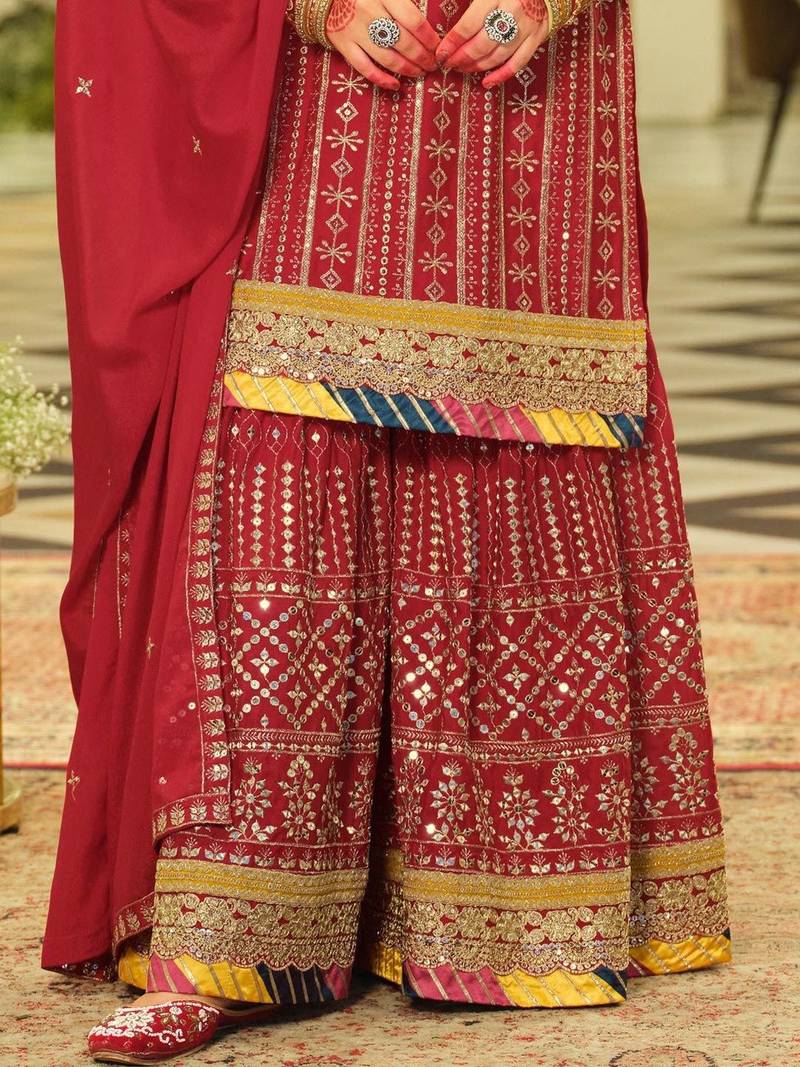 Ethnic Motifs Embroidered Straight Sequinned Kurta With Sharara & Dupatta
