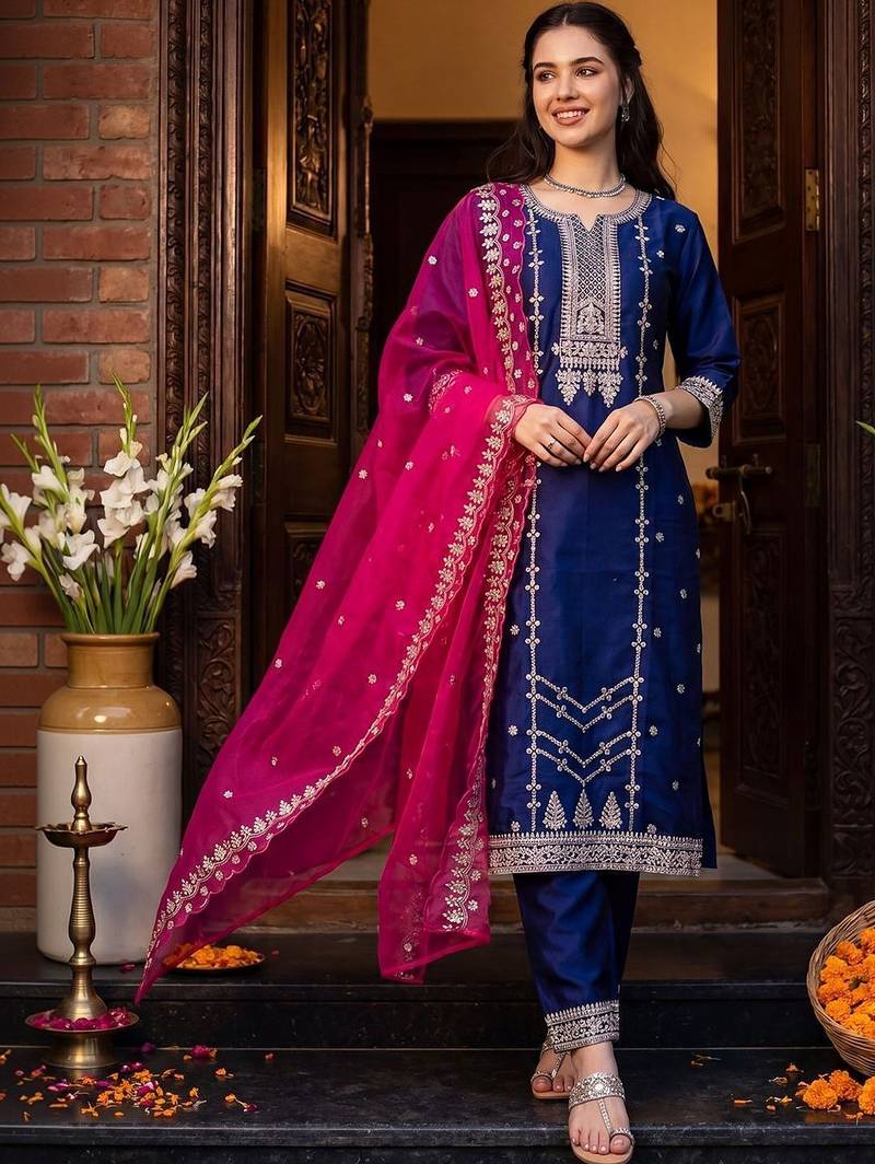 Women Ethnic Motifs Thread Work Kurta with Trousers & With Dupatta