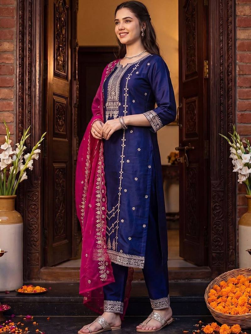 Women Ethnic Motifs Thread Work Kurta with Trousers & With Dupatta