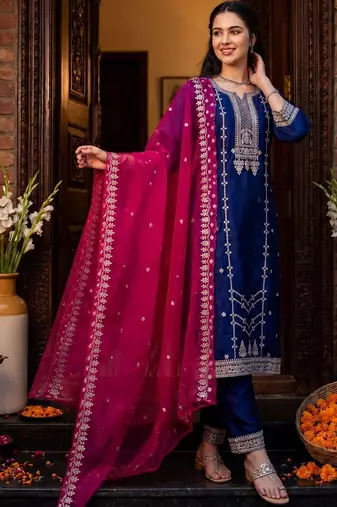Women Ethnic Motifs Thread Work Kurta with Trousers & With Dupatta