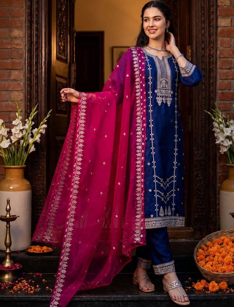 Women Ethnic Motifs Thread Work Kurta with Trousers & With Dupatta