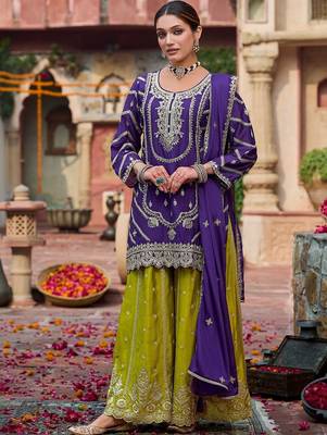 Women Ethnic Motifs Embroidered Thread Work Kurta with Sharara & With Dupatta 1