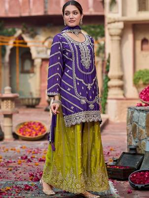 Women Ethnic Motifs Embroidered Thread Work Kurta with Sharara & With Dupatta 5
