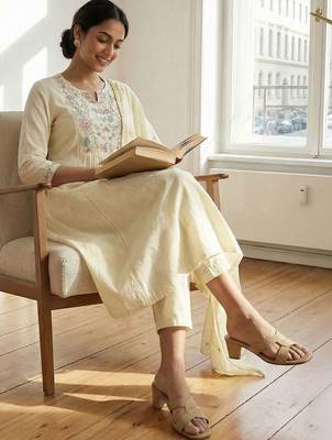 Women Floral Embroidered Empire Thread Work Cotton Kurta with Trousers & With Dupatta 2