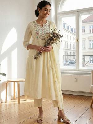 Women Floral Embroidered Empire Thread Work Cotton Kurta with Trousers & With Dupatta 1