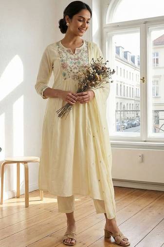 Women Floral Embroidered Empire Thread Work Cotton Kurta with Trousers & With Dupatta