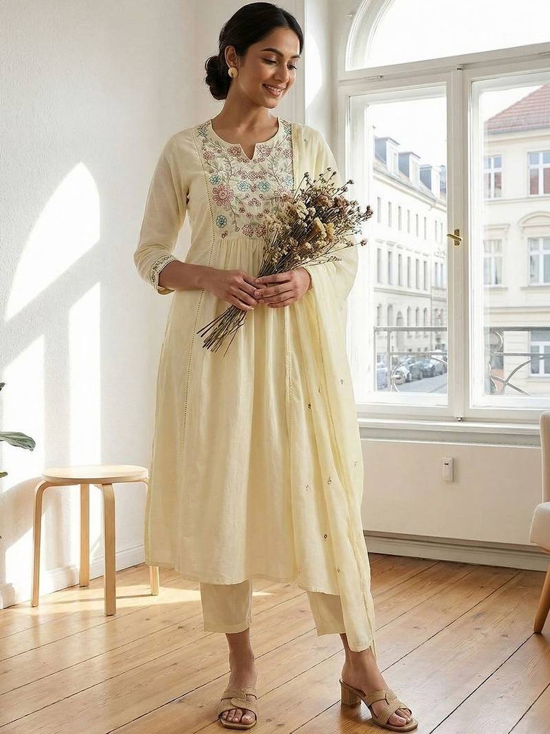 Women Floral Embroidered Empire Thread Work Cotton Kurta with Trousers & With Dupatta