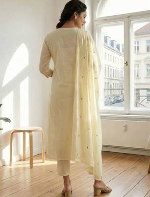 Women Floral Embroidered Empire Thread Work Cotton Kurta with Trousers & With Dupatta 3
