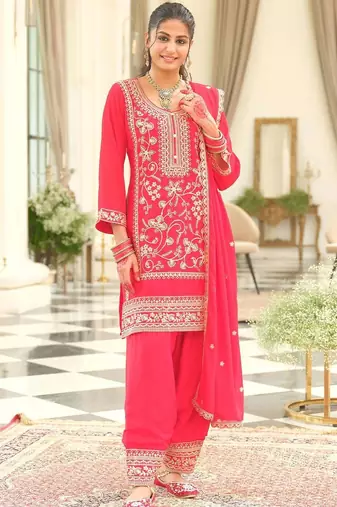 Ethnic Motifs Embroidered Round Neck Zari Kurta With Patiala & Dupatta