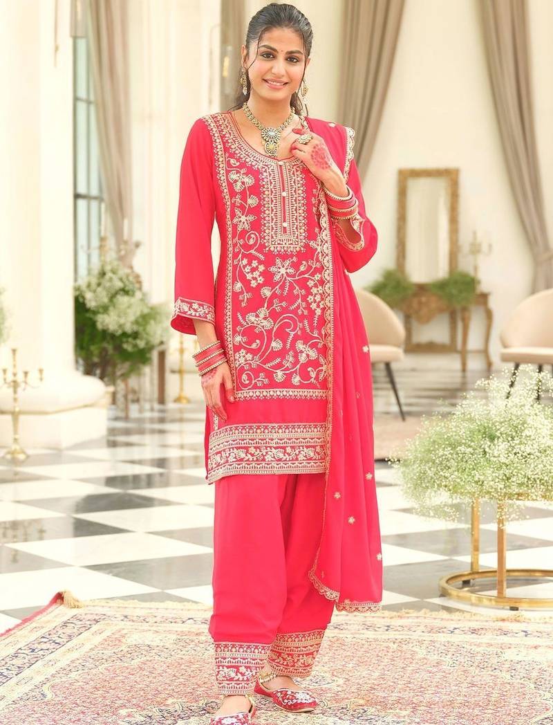 Ethnic Motifs Embroidered Round Neck Zari Kurta With Patiala & Dupatta