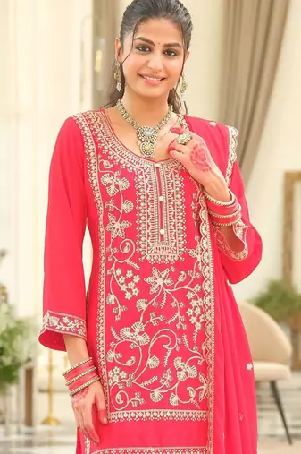 Ethnic Motifs Embroidered Round Neck Zari Kurta With Patiala & Dupatta