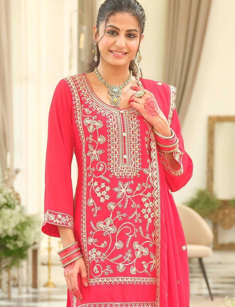 Ethnic Motifs Embroidered Round Neck Zari Kurta With Patiala & Dupatta