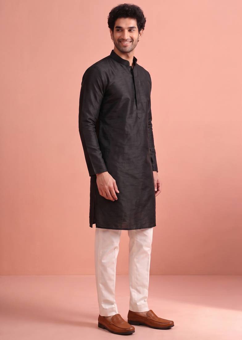 Raw silk solid kurta set for men