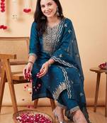 Women Ethnic Motifs Embroidered Kurta with Trousers & With Dupatta