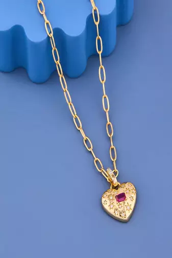 Golden Heart Ruby Crystal Pendant Necklace