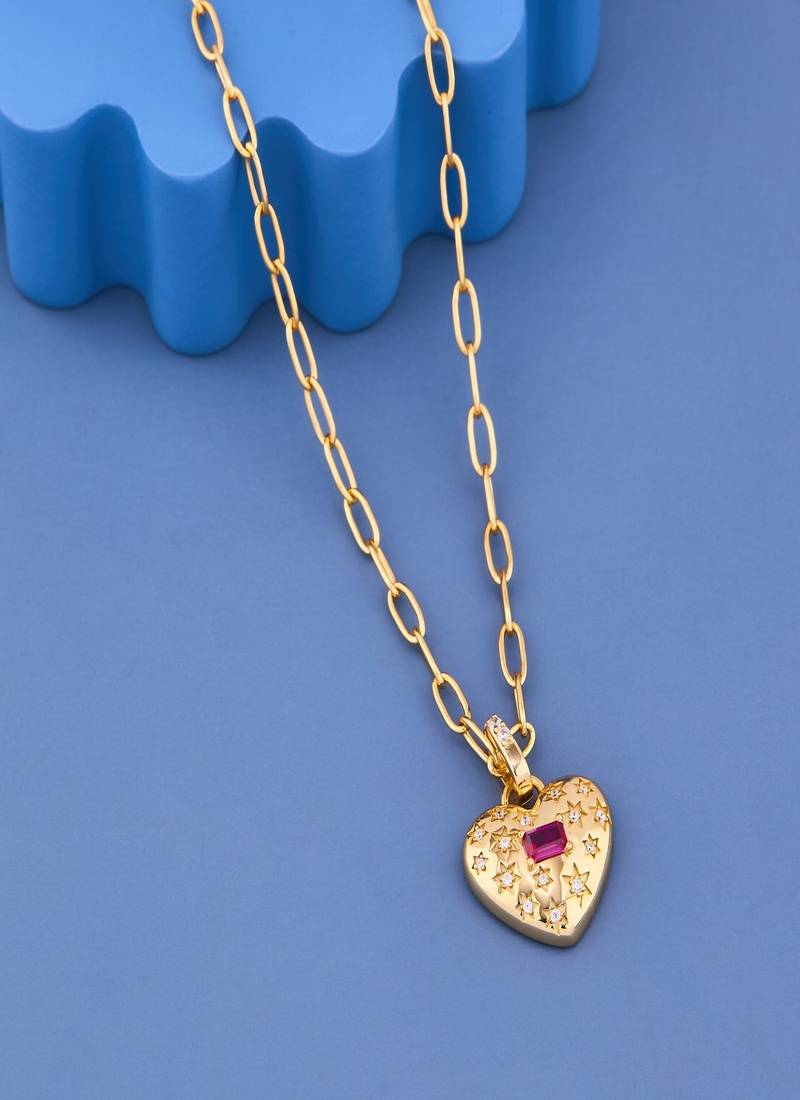 Golden Heart Ruby Crystal Pendant Necklace