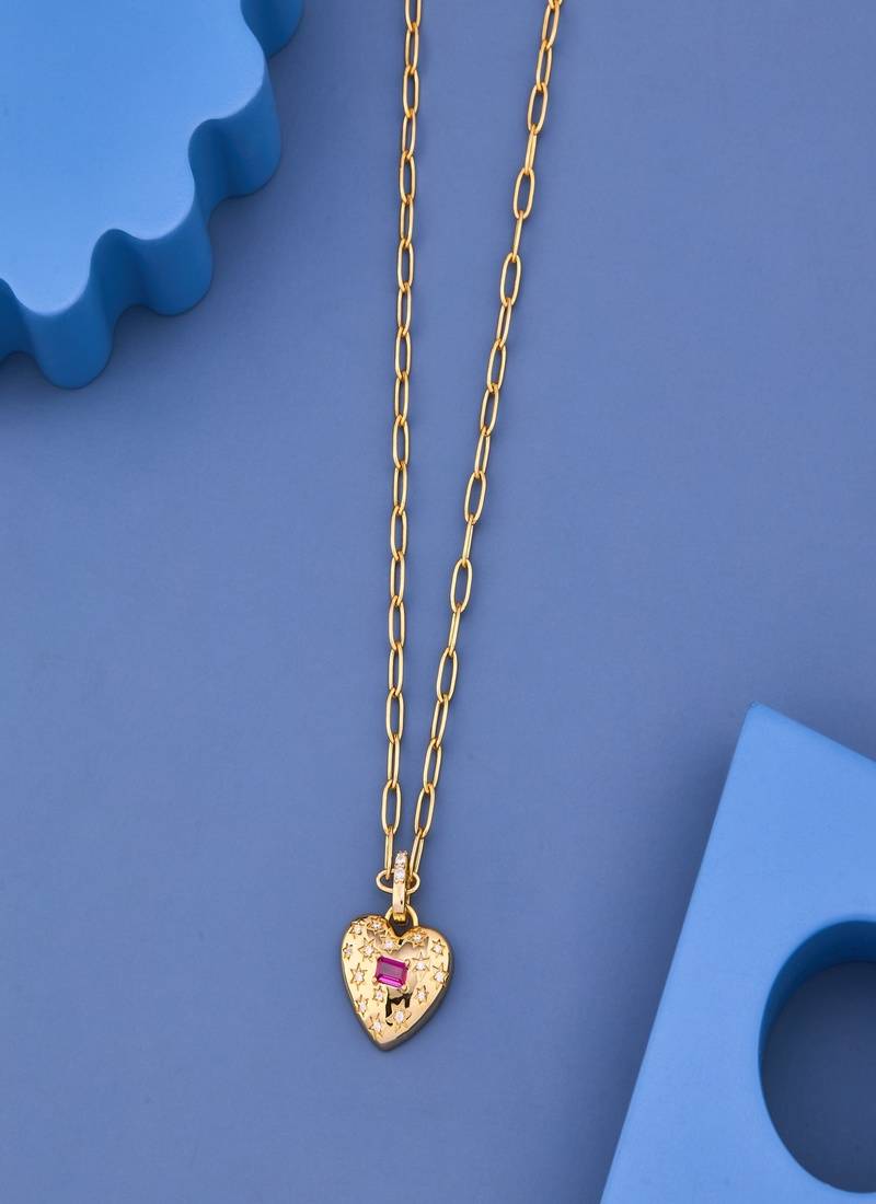 Golden Heart Ruby Crystal Pendant Necklace