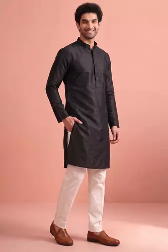 Raw silk solid kurta set for men