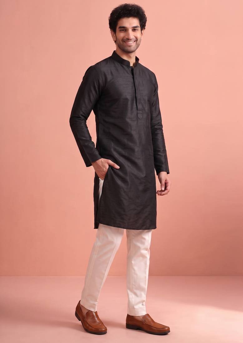 Raw silk solid kurta set for men