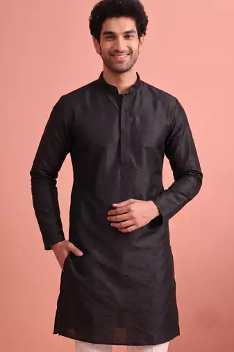 Raw silk solid kurta set for men