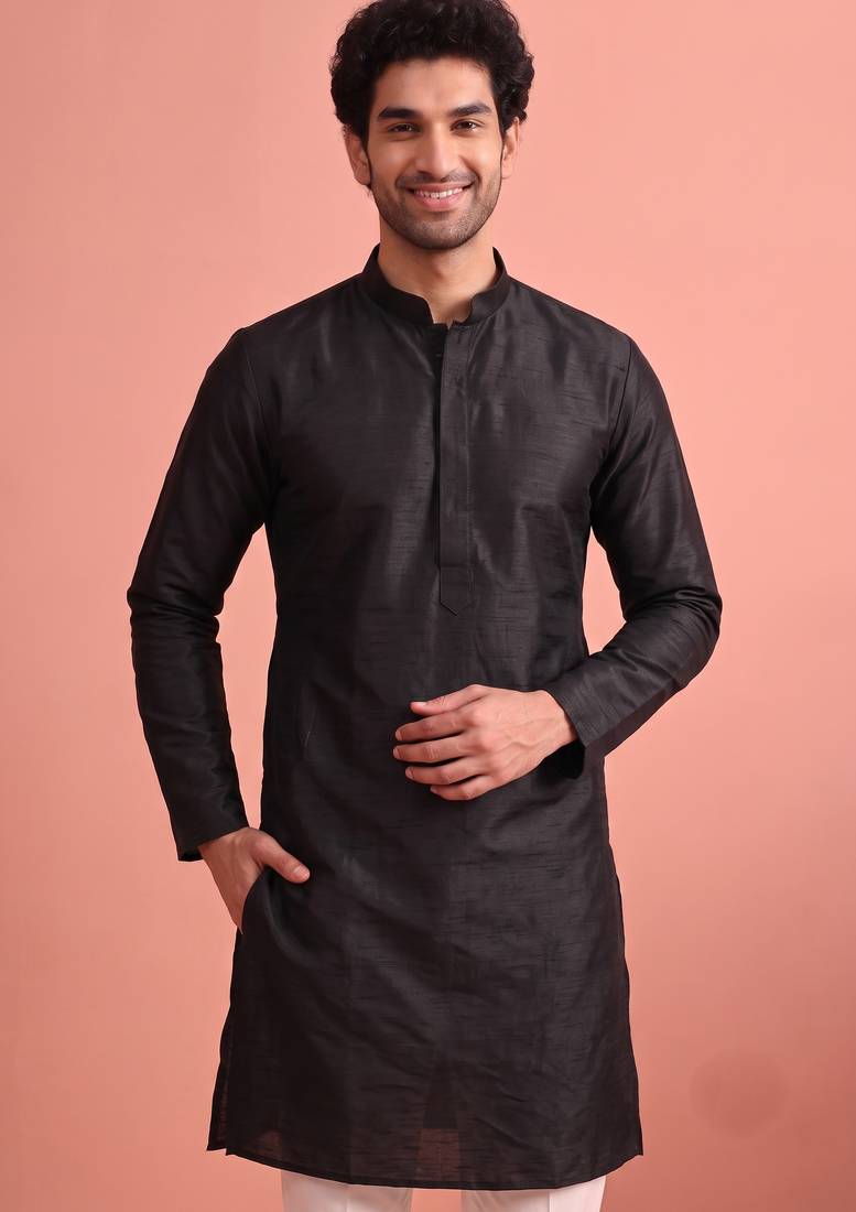 Raw silk solid kurta set for men