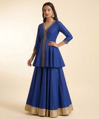 Royal Blue Embroidered Dupion Silk Kurti Lehenga Set 1